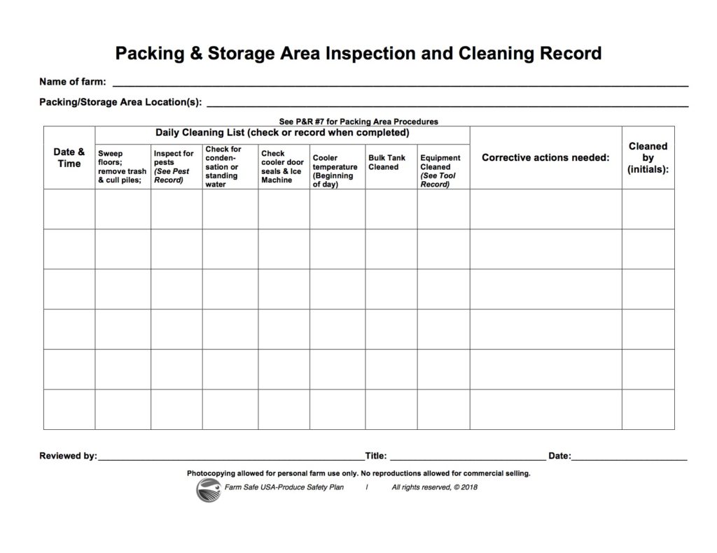 Produce Safety Plan Sample Page Packing, Storage, Pests Record