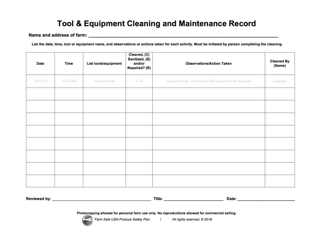 Produce Safety Plan - Tool Cleaning Record