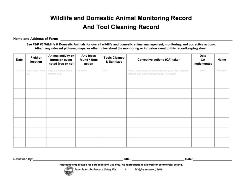 Produce Safety Plan Sample Page Wildlife & Animal Record
