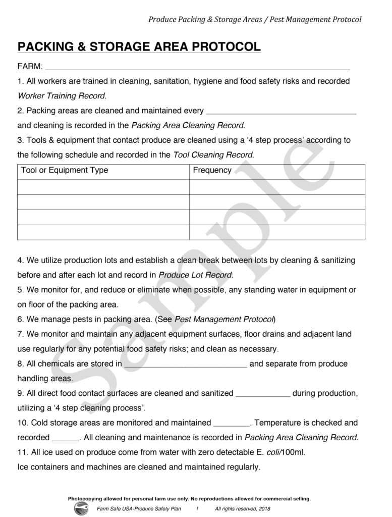 Produce Safety Plan Sample Page Packing, Storage, Pests Protocol