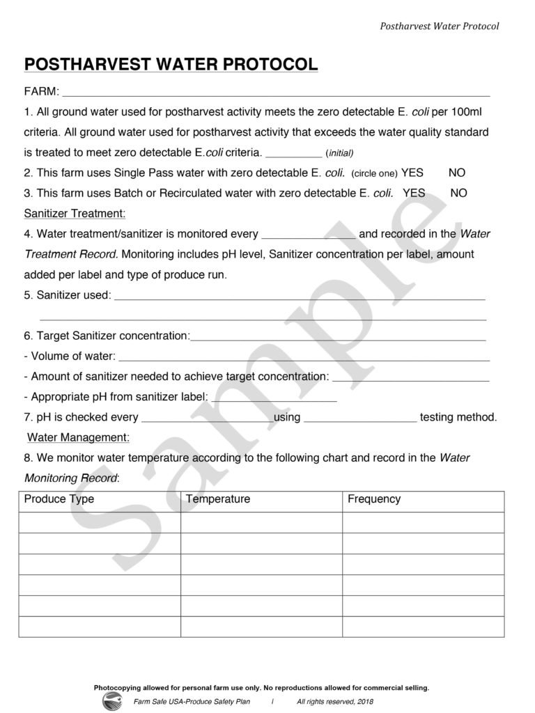 Produce Safety Plan Sample Page Post Harvest Water Protocol