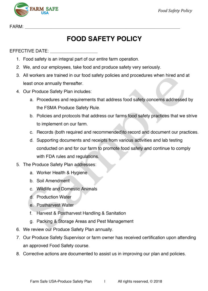 Produce Safety Plan Sample Page-Food Safety Policy