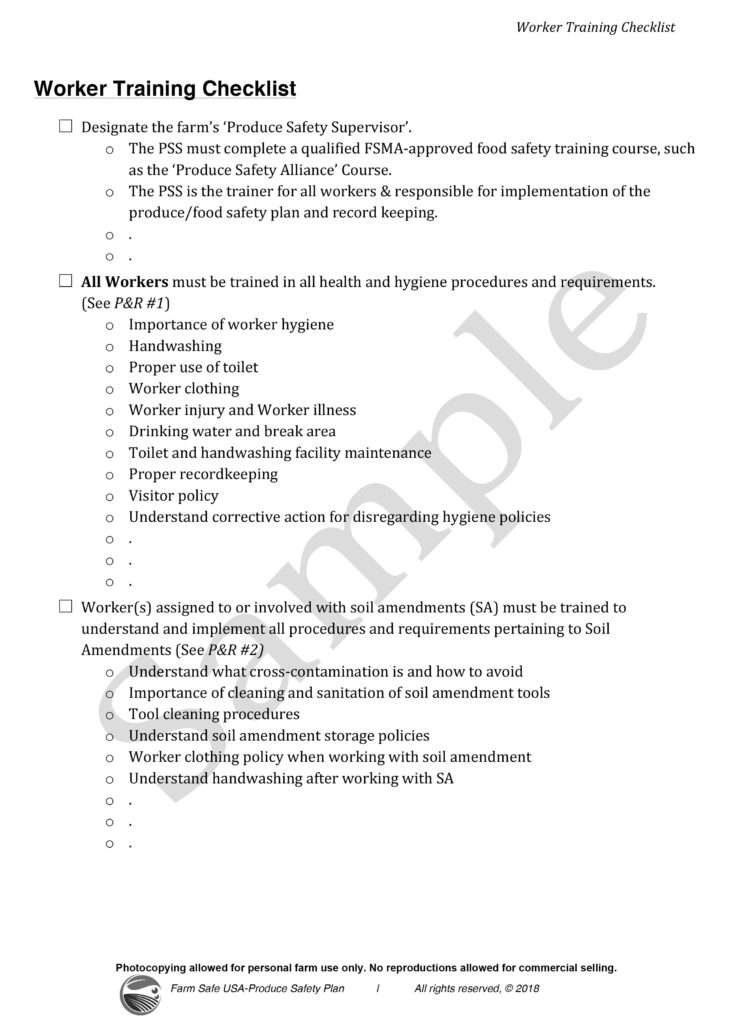 Produce Safety Plan Sample Page Worker Training Checklist